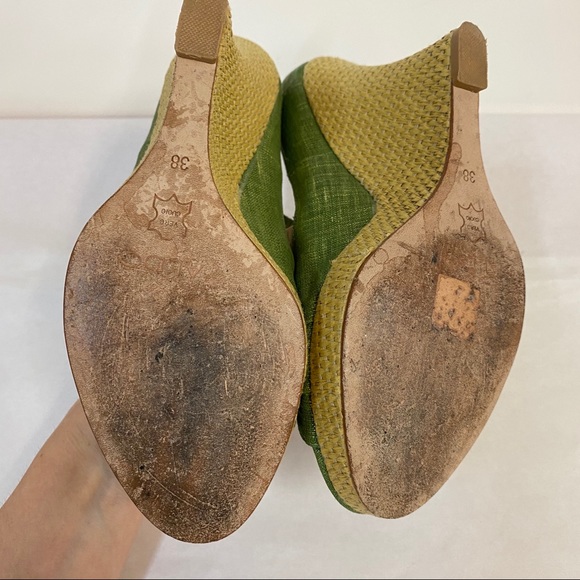 Aldo Green Gold Straw Wedge Ankle Strap Shoes - Picture 9 of 9